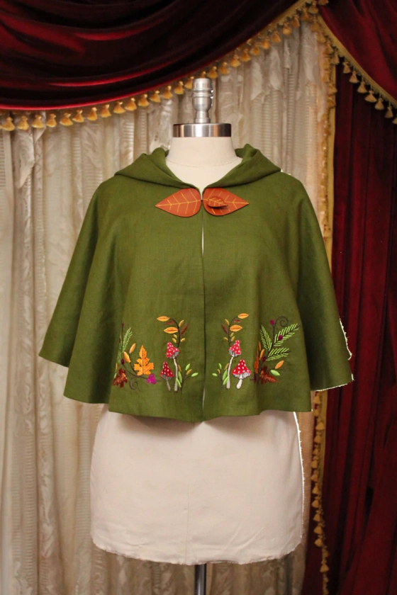 Green Linen Embroidered Mushroom Cape with Hood and Leaf Closure