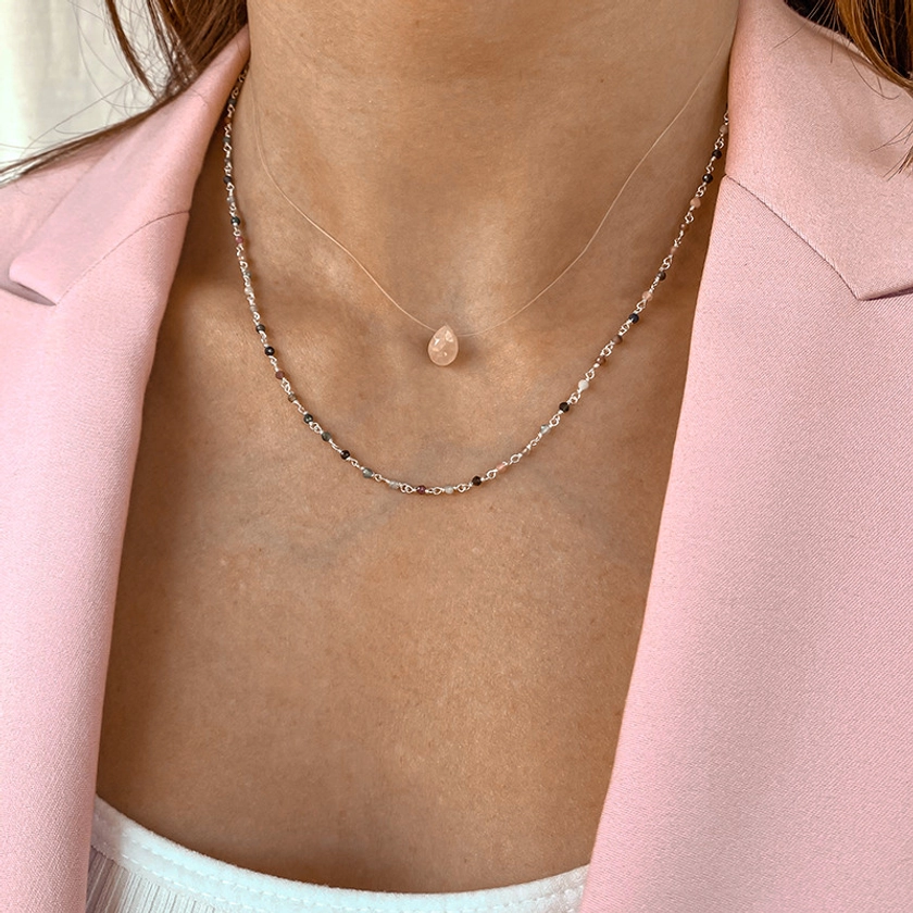 Collier Nylon Goutte Quartz Rose