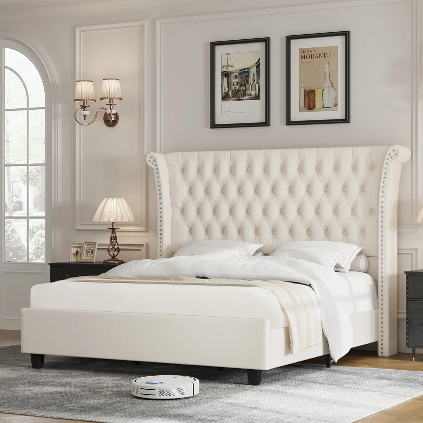 Homfa Full Size Bed Frame, Modern Velvet Tufted Upholstered Platform Bed with Rivet Rolled Edge High Wingback Headboard, White