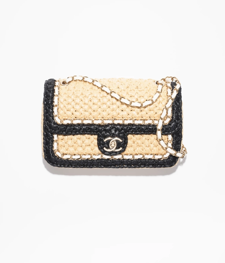 Sac à rabat, Raphia tressé, agneau & métal doré, beige & noir — Mode | CHANEL