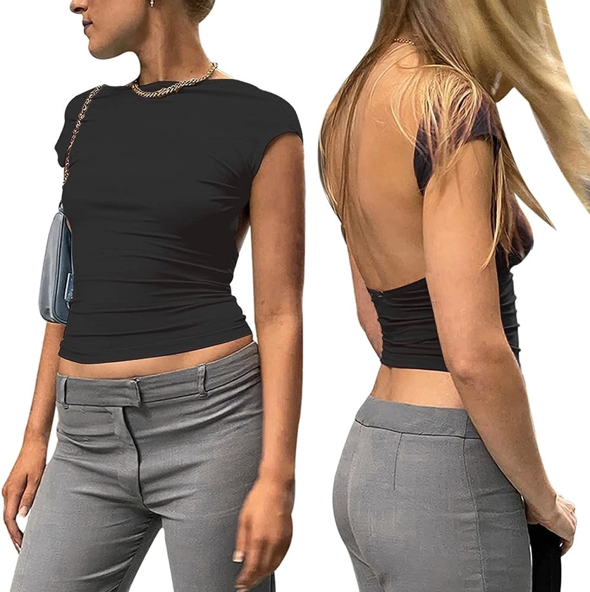 ForeFair Women Sexy Backless Short Sleeve Slim Fit Crewneck Summer Casual Y2K Crop Tee