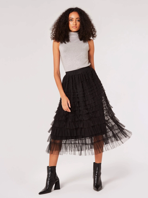 Tulle Ruffle Tiered Midi Skirt | Apricot Clothing