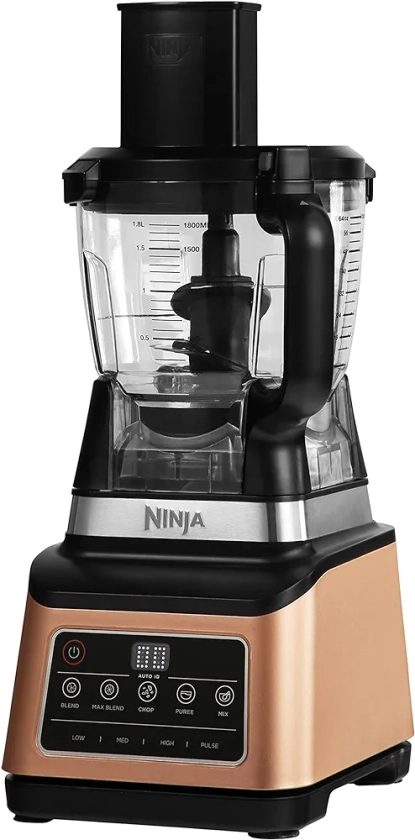 Ninja 3-in-1 Food Processor & Blender, Coffee & Spice Grinder, 5 Auto Programs; Blend, Max, Chop, Puree, Mix, 1.8L Bowl, 2.1L Jug, 700ml Cup, 1200W, Apron, Dishwasher Safe, Copper/Black BN800UKDBCP