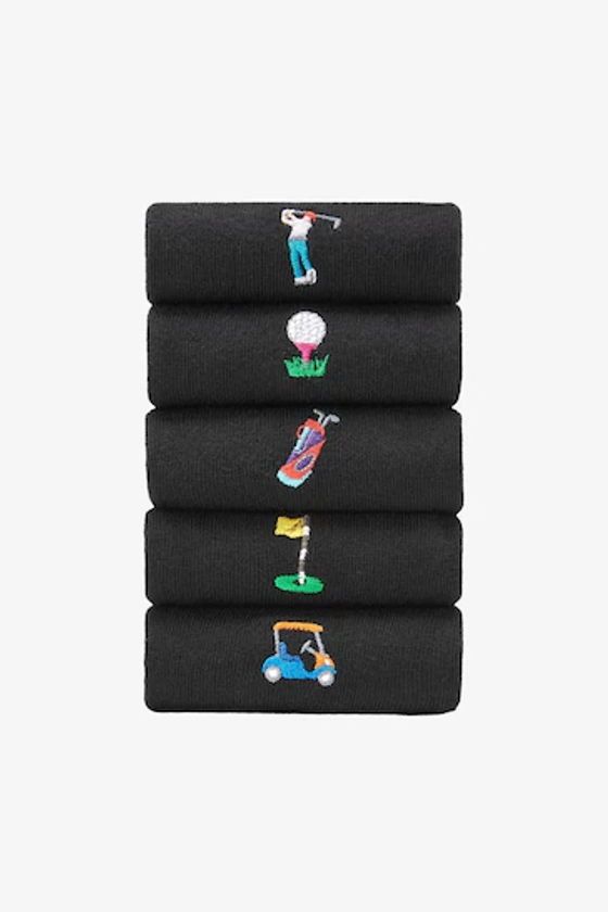 Black Golf Fun Embroidered Socks 5 Pack