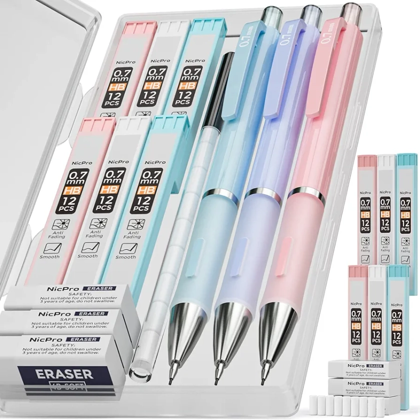 Nicpro 3PCS Pastel Mechanical Pencil Set, 0.7 mm Clutch Propelling Cute Pencil with 6 Tubes HB Lead Refills, 3PCS Eraser & 9PCS Eraser Refill for Student Writing, Drafting, Sketching -Come with Case