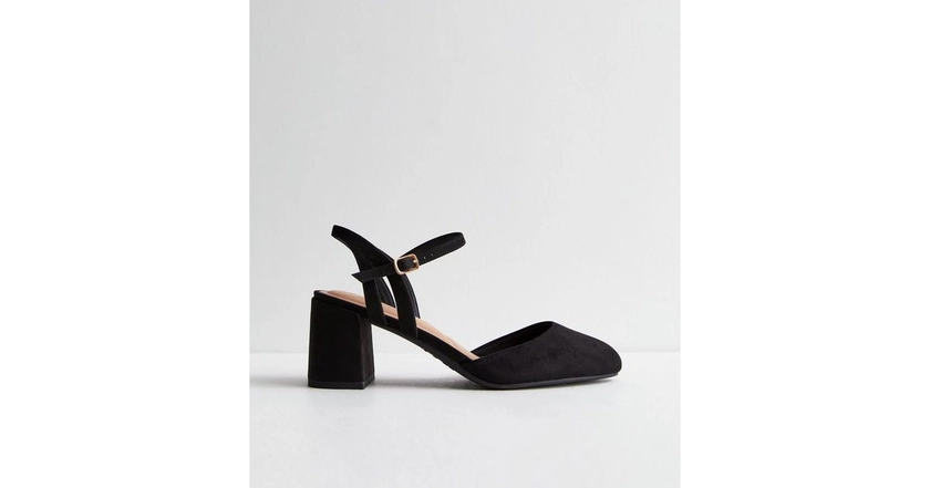 Wide Fit Black Suedette Block Heel Court Shoes | New Look