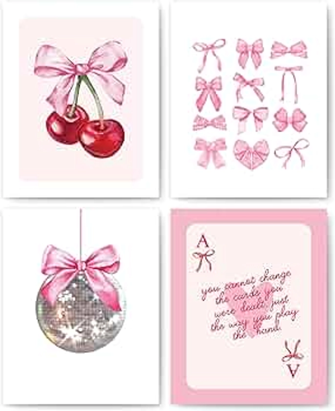 okaxscm Pink Coquette Bow Trendy Preppy Wall Art Prints Set of 4, Coquette Room Decor, Preppy Room Dorm Decor Aesthetic, Pink Bow Cherry Disco Ball Wall Decor Posters for Girls Bedroom, 8x10 Unframed