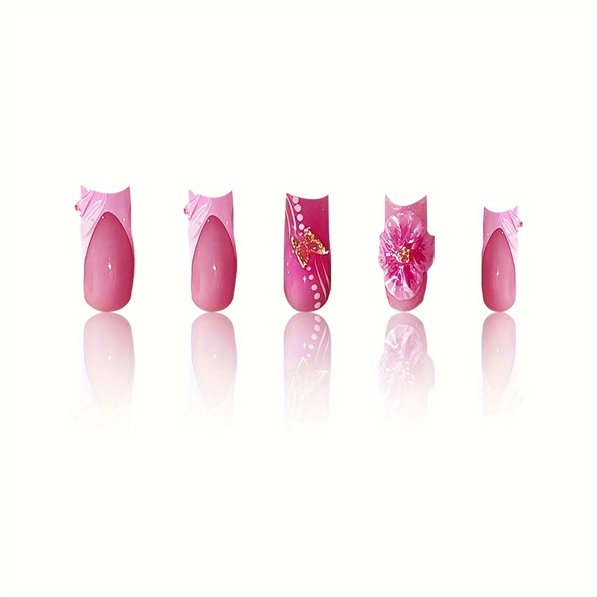 Ensemble de 24 Faux Ongles Chic Nude & Rose avec Papillon 3D, Accents de Fleurs - * *, * Carrée Moyenne pour Femmes et Filles - * une Lime à Ongles & Adhésif en Gel