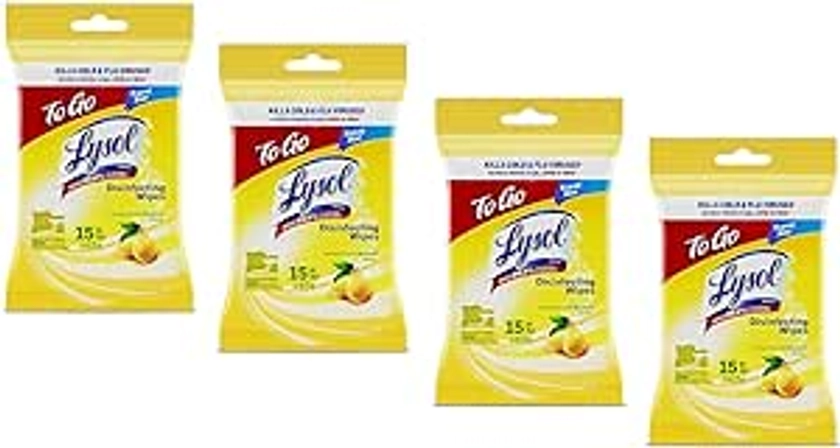 Lysol Disinfecting Wipes Lemon Scent 15ct in Resealable Travel Pouch (4 Pack)
