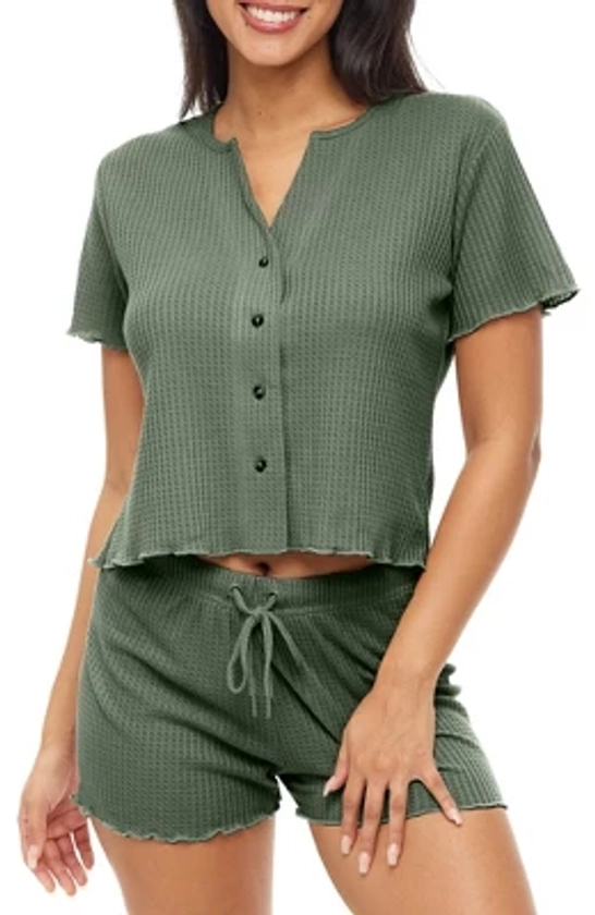 ADR Women's Ribbed Knit Pajamas Set, Short Sleeve Button Up Top and Pajama Thermal Underwear Shorts Green Medium