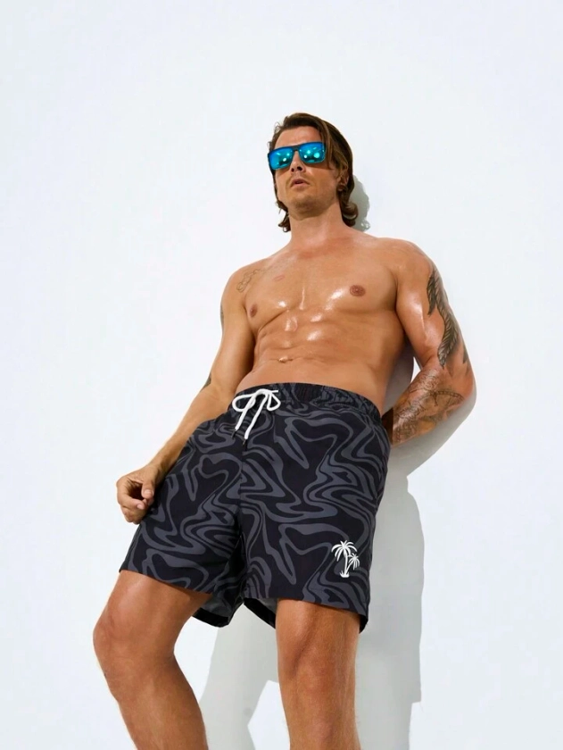 Manfinity Swimmode Men Casual Coconut Tree Print Swimming Trunks With Color Block Design For Beach & Pool | SHEIN USA