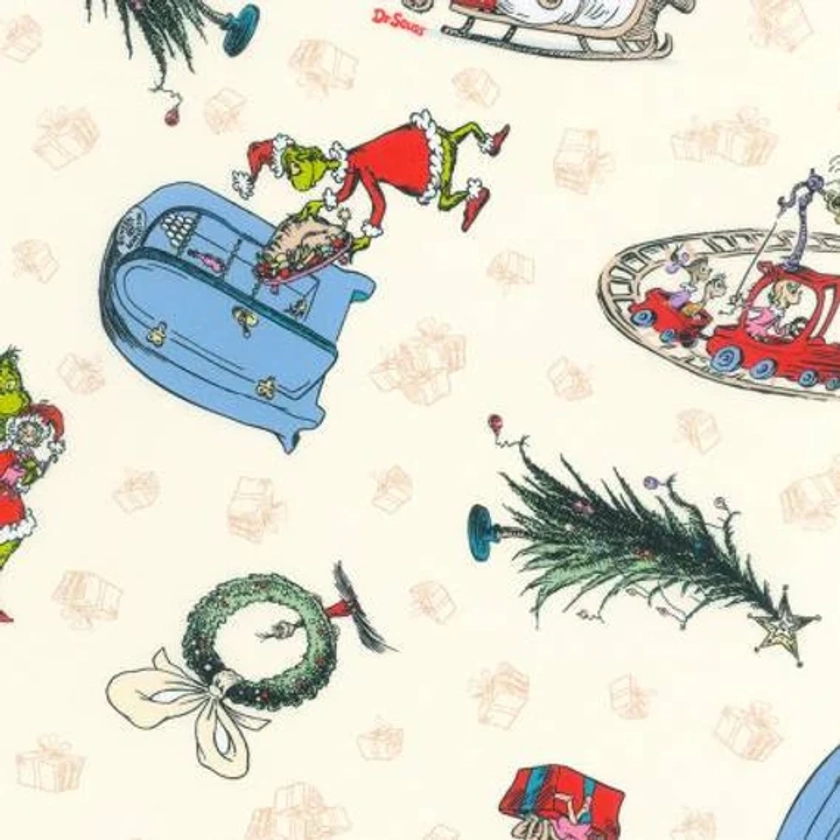 Grinch Holiday Whoville Cream - Sold by the Half Yard - Licensed Dr. Seuss - 100% Quilting Cotton - Robert Kaufman - ADED-21775-223