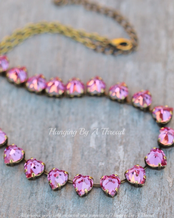 LIMITED Vintage Swarovski Rose Pink Heart Necklace,Heart Shaped Crystal Rhinestone Necklace,Antique Brass,Choker,Rose Pink,Unique,Gift