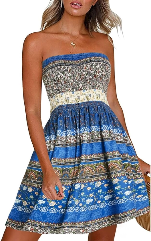 CHICGAL Summer Dresses for Women Beach Cover Ups Strapless Boho Floral Print Sundress(Flower Blue,M) at Amazon Women’s Clothing store