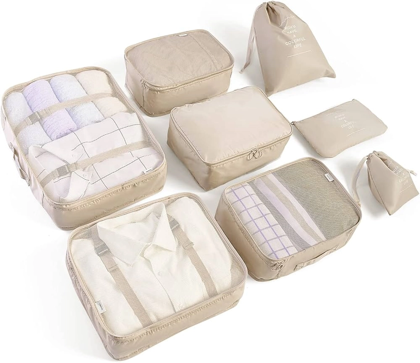 BillyBath 8-en-1 Set de Organiseurs de Bagage pour Voyage, sacs à vêtements, chaussures, sacs de rangement pour cosmétiques (Beige )