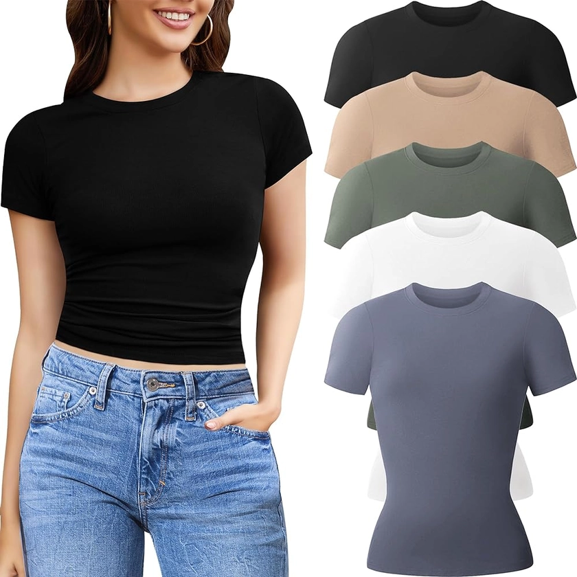 CE' CERDR 5 Pack Womens T Shirts Crew Neck Short Sleeve Shirts for Women Casual Basic Fitted Stretchy Tee Tops