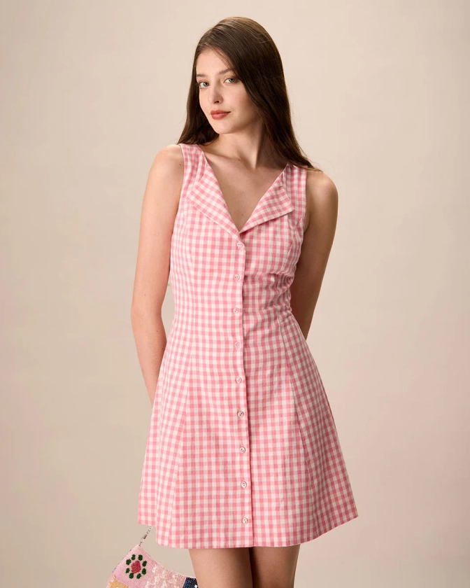 Women's Pink V-Neck Plaid Cotton Mini Dress & Reviews - Pink - Dresses | RIHOAS