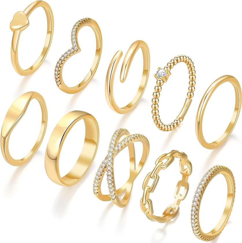 Amazon.com: 10 PCS Dainty 14K Gold Rings for Women Teen Girls, Open Twist Simulated Diamond Criss Cross Designs, Perfect for Stacking Layering on Thumb and Knuckle in Sizes 6-10 (8, gold): Clothing, Shoes & Jewelry