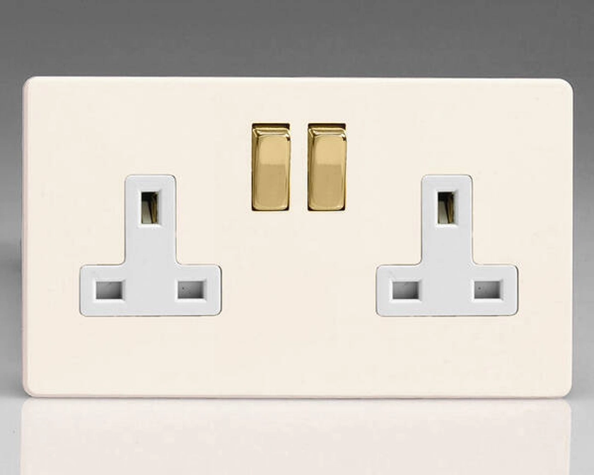 13 Amp 2 Gang DP Switched Socket - Screwless Primed/Brass/White | Varilight (XDY5VWS.PD)