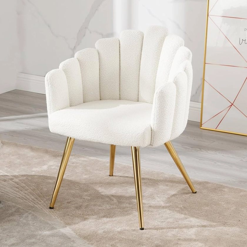 Wahson Fauteuil Salon Moderne Fauteuil avec Pied Doré, Fauteul Design Salon en Bouclette Rembourré Fauteuil Coiffeuse pour Salon/Chambre, Blanc