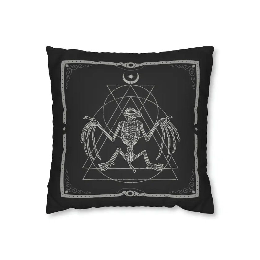 Occult Bat Throw Pillow - Witchy Skeleton Faux-Suede Cushion Cover w/ Optional Insert in Black and Gray - A Spooky Gothic Home Decor Accent