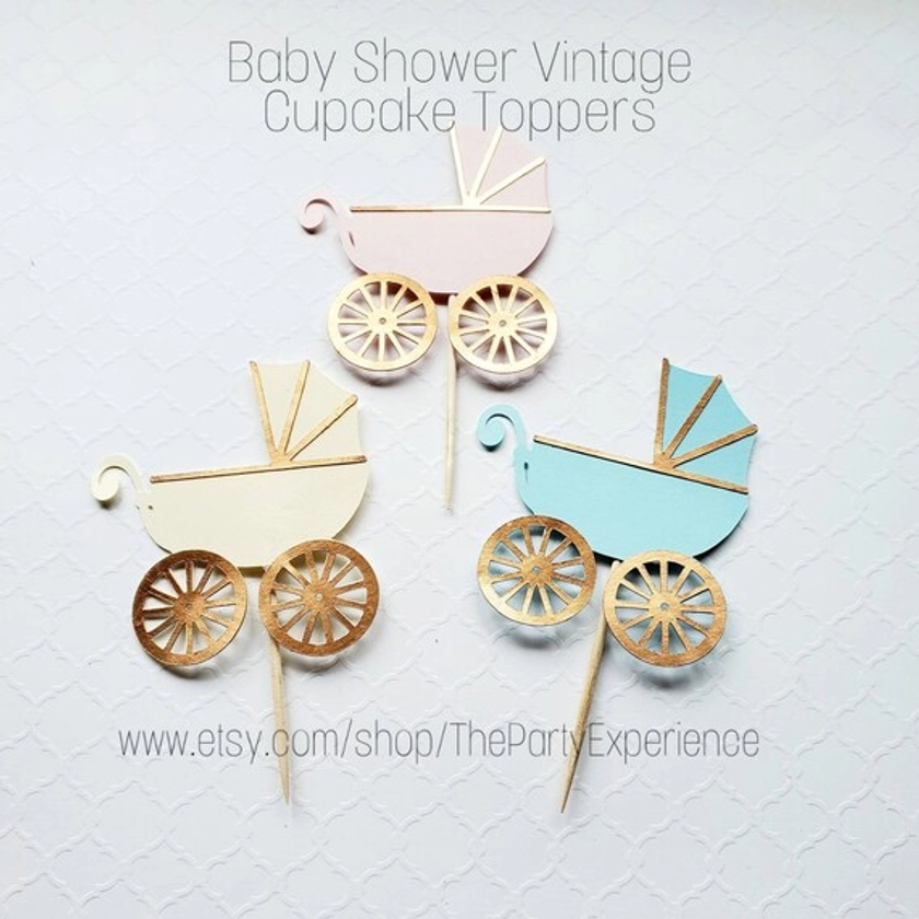 Vintage Baby Carriage Cupcake Topper 12 Set - Baby Shower Decor -Gender Neutral - Baby Shower Topper/Picks
