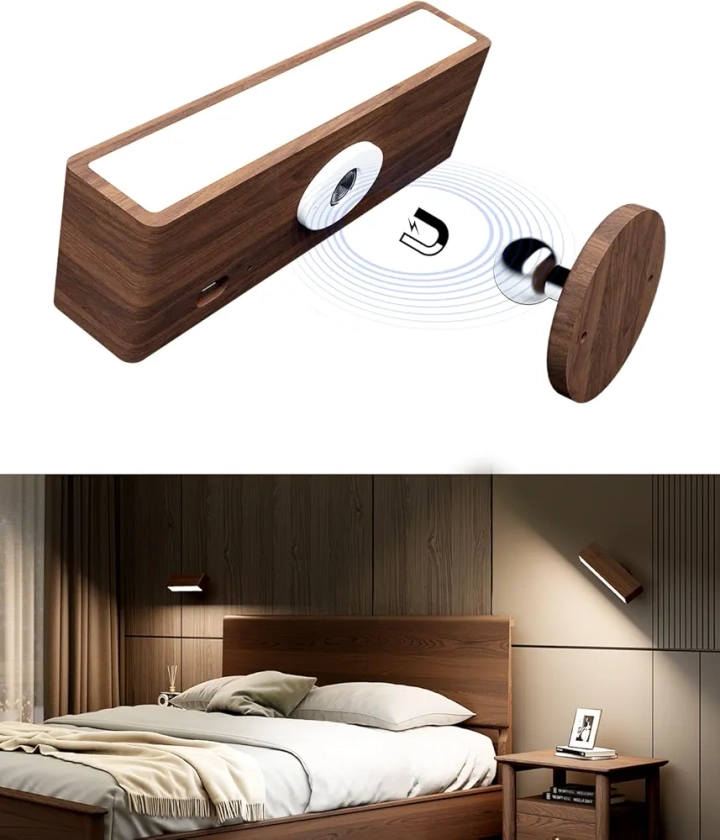 DetarZinLED Lampe Murale Sans Fil Rechargeable USB,Applique Murale Intérieure Bois,Réglage de La Luminosité Applique Murale Sans Fil Chambre,Lampe de Chevet Murale Tactile,lampe sans fil