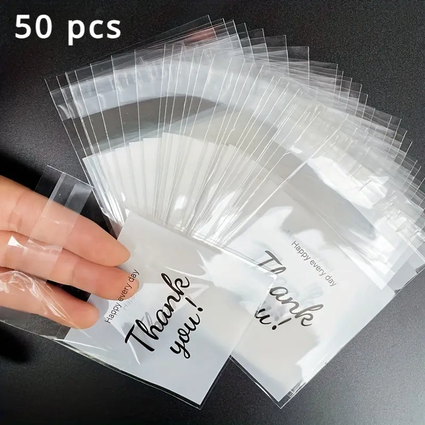 50-Pack Small Plastic Treat Bags with 'Thank You' Print - Self-Sealing OPP Clear Gift Bags for *, Biscuits & Favors - Resealable Packaging for Shops & Personal Use