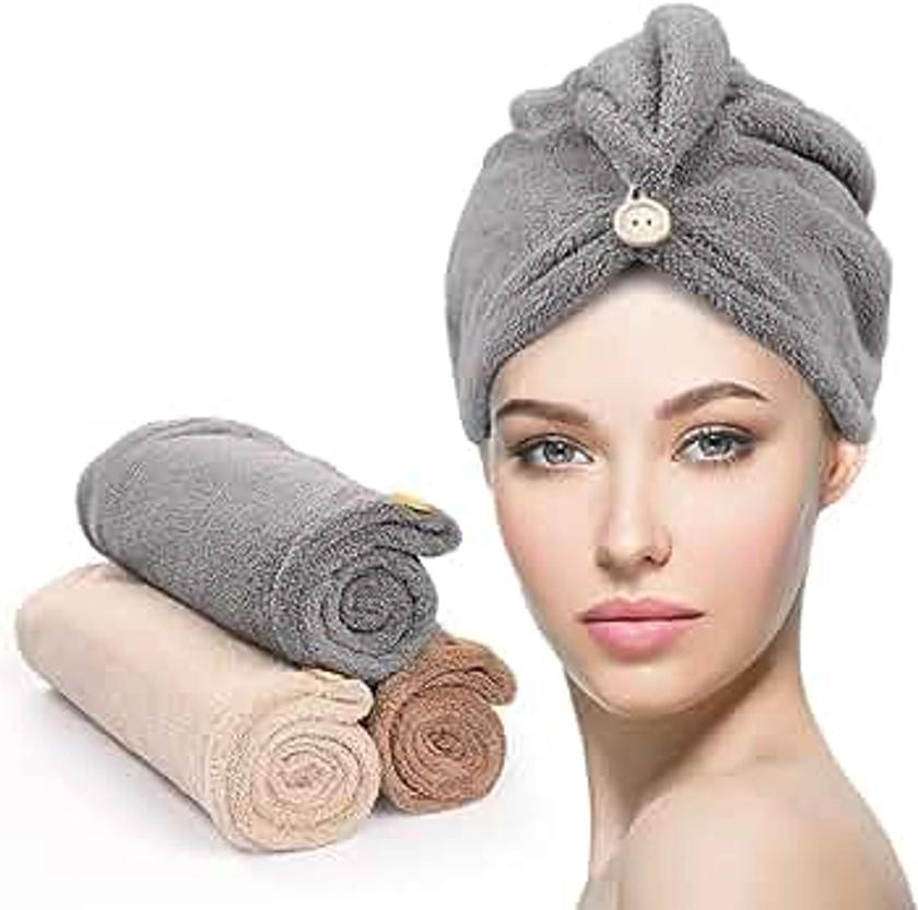 YFONG Microfiber Hair Towel 3 Pack, Hair Towel with Button, Super Absorbent Hair Towel Wrap for Curly Hair, Fast Drying Hair Turban Towel for Women, Anti Frizz Microfiber Towel