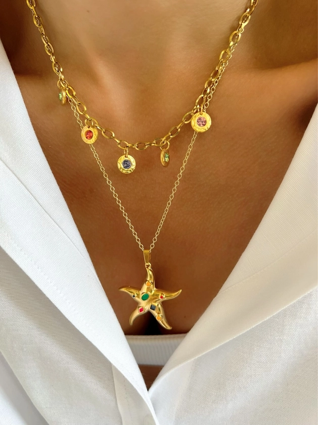 Collier étoile de mer dorée, collier en acier inoxydable, collier cristaux dorés, superpositions de colliers, collier de plage, cadeau pour elle, fabriqué en Grèce. - Etsy France