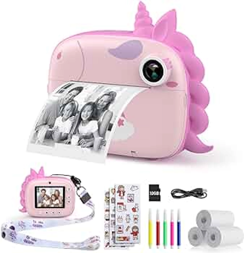 HiMont Kids Camera Instant Print, Digital Camera for Kids with No Ink Print Paper & 32G TF Card, Selfie Video Camera with Color Pens for DIY, Fun Gift for Girls Boys 3-14 Years Old (Pink)