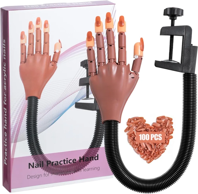 Practice Hand for Acrylic Nails, Flexible Never Fall Off Nail Trainning Adjustable Hands Kits, Fake Hands for Nail Practice, Nail Display Manicure, Movable Nail Maniquin Hand(100PCS Nail Tips)