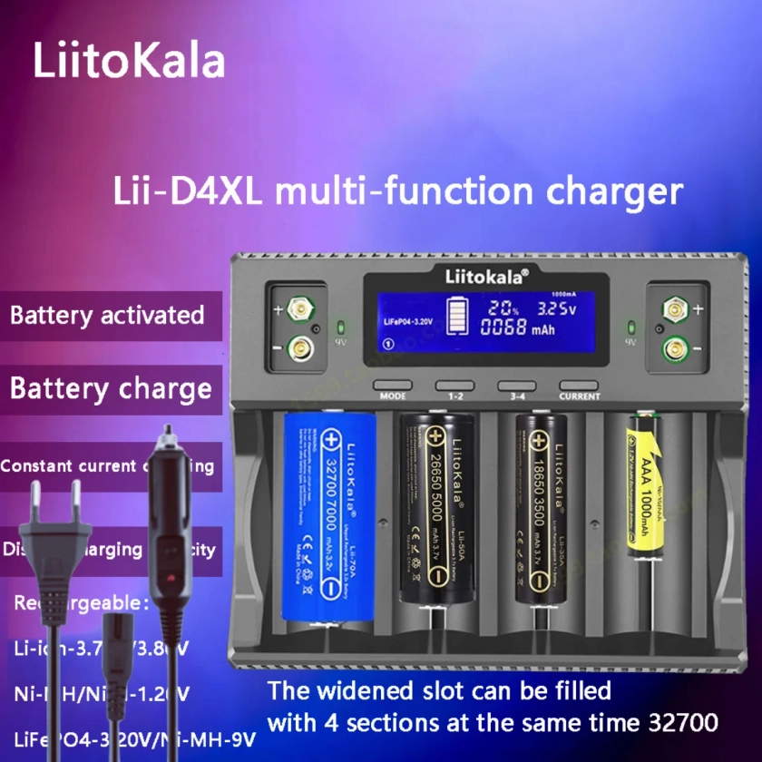 Liitokala D4XL 18650 li-ion battery charger 3.2V LiFePO4 battery 1.2V Ni-MH Ni-cd AAA 18500 26650 21700 32650 32700 and car