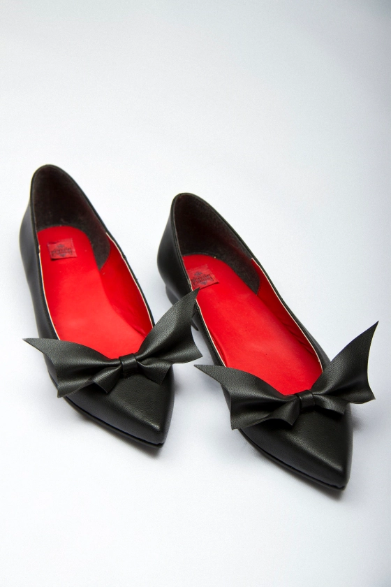 Flats shoes "Vamps" bow bat shape, alternative, black suede,goth