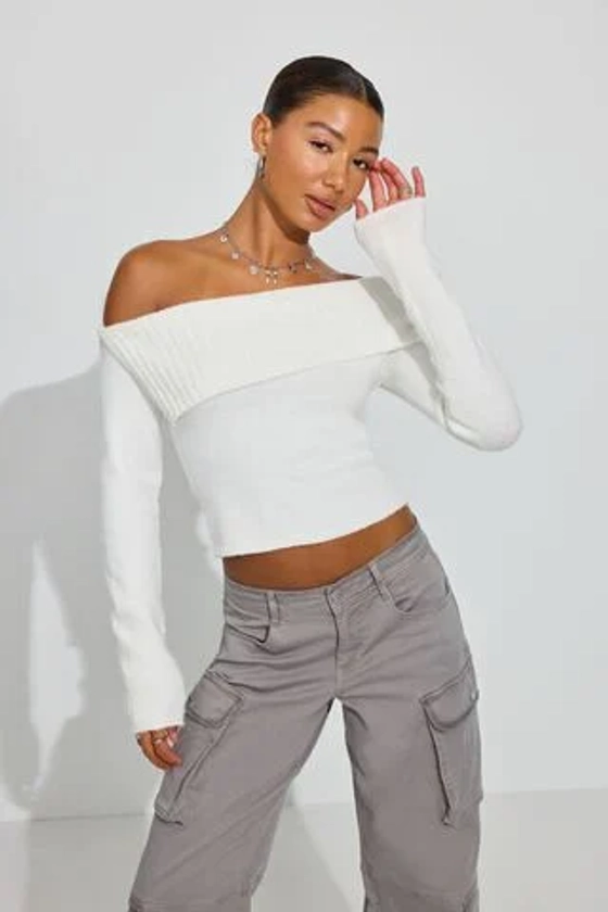 Spongy Off Shoulder Sweater White | Garage