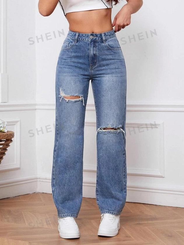 SHEIN EZwear Ripped Straight Leg Jeans | SHEIN USA