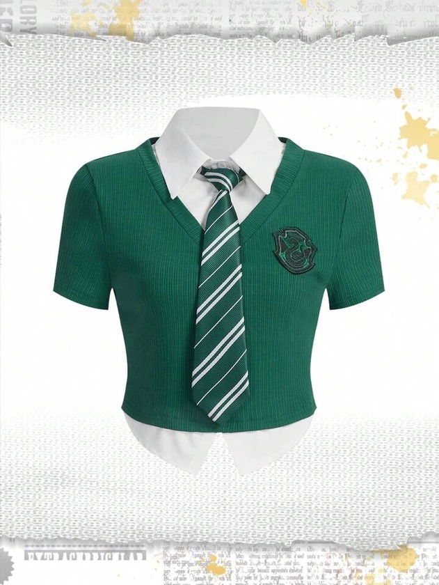Harry Potter | ROMWE Striped Print 2 In 1 Tee With Tie