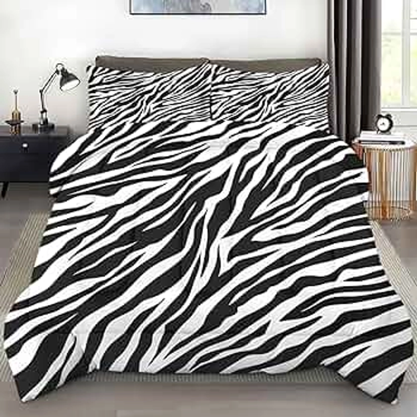 3 Pcs Comforter Set Full Size, Zebra Stripe Animal Soft Bedding Set for Kids and Adults, Tiger Black White Comforter Set with Pillowcase, for Bedroom Bed Decor