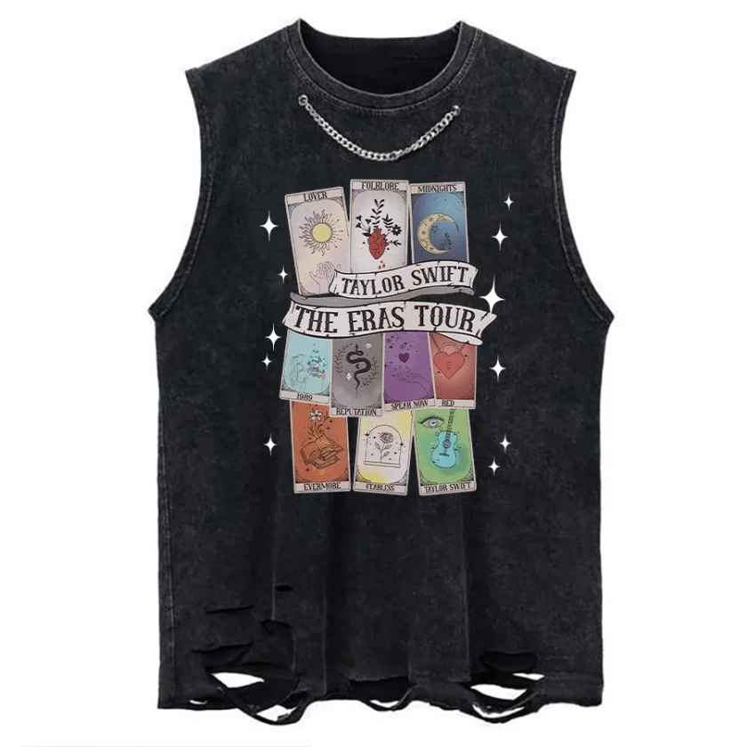 Vintage Eras Tour Tarot Cards Chain Ripped Washed Tank