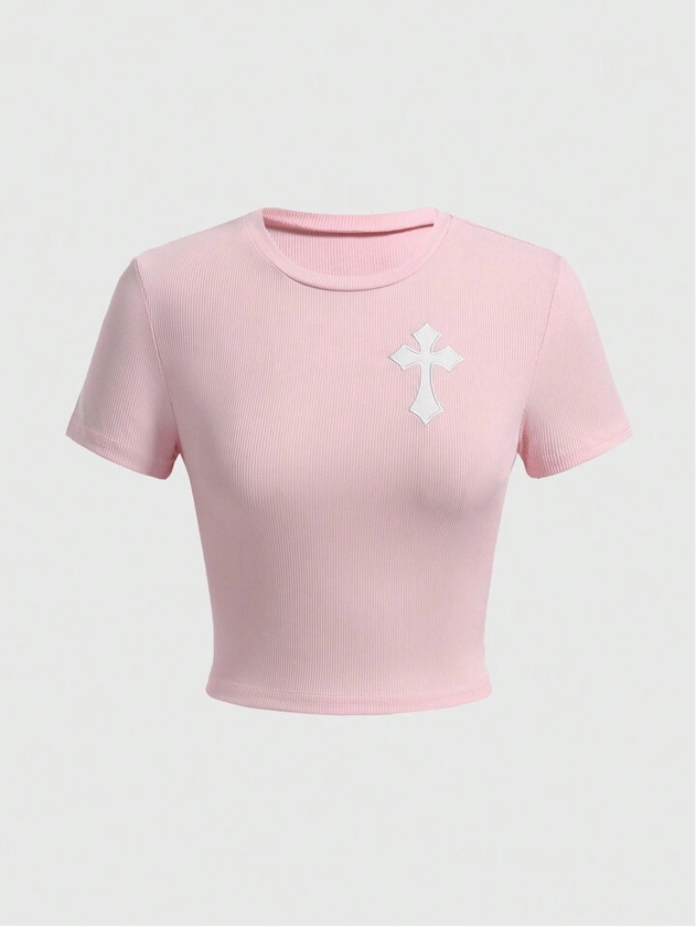 Goth Valentine'S Day Embroidered Cross Pink T-Shirt