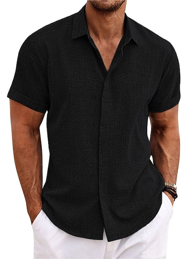 Men's Shirt Linen Shirt Casual Shirt Summer Shirt Beach Shirt Button Down Shirt Black White Pink Short Sleeve Plain Lapel Summer Casual Daily Clothing Apparel 2024 - GBP £18.24