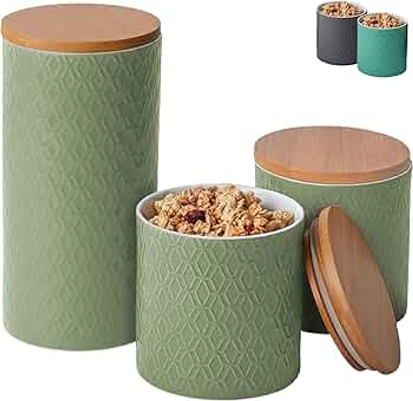 Praknu Barattolo in Ceramica con Coperchio - Set di 3 Barattolo con Coperchio Ermetico - Lavabile in Lavastoviglie - Vasetti per caffè, Zucchero, Muesli (Menta)