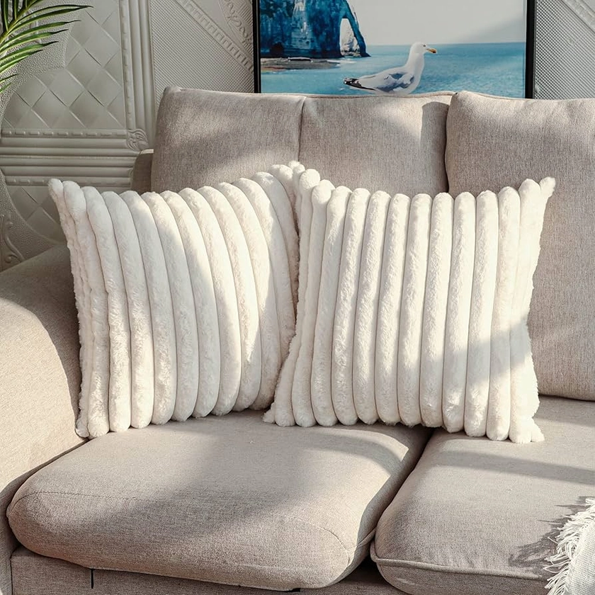 Joyouth Pack of 2,Double-Sided Faux Fur Plush Decorative Throw Pillow Covers Fuzzy Striped Soft Pillowcase Cushion Covers for Sofa Couch Bedroom White 16x16 inch : Amazon.co.uk: Home & Kitchen