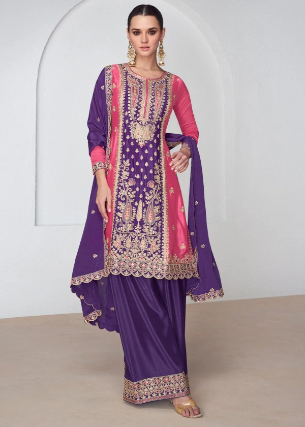 Elegant Purple Pink Embroidered Chinon Silk Plazzo Suit