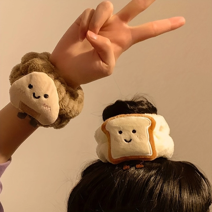 2pcs Plush Thickened Scrunchies Cartoon Toast Pattern Wristband Versatile Hair Rope Cute Elastic Ponytail Holder Hair Tie Women Hair Accessories