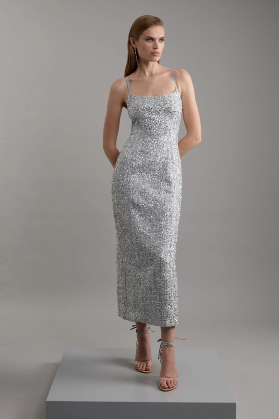 Sequin Metallic Boucle Tailored Midaxi Dress | Karen Millen