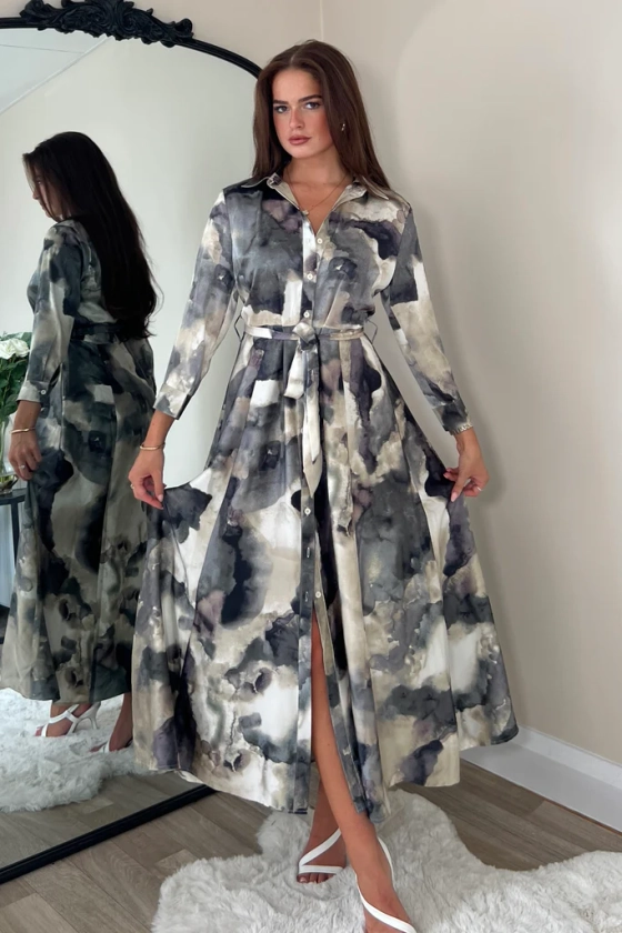 Angela Grey Print Tie Shirt Maxi Dress