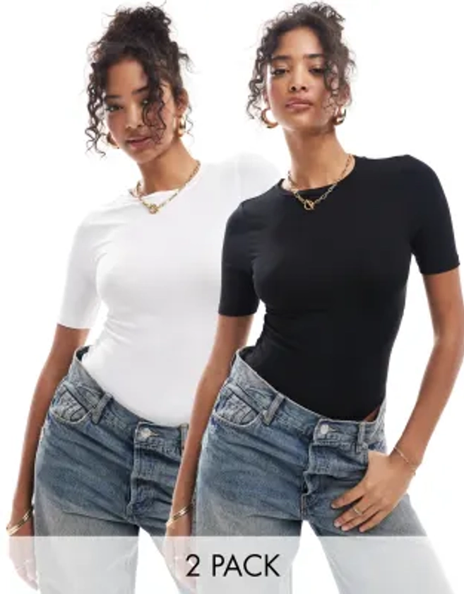 ASOS DESIGN skinny fit t-shirt bodysuit 2 pack in black and white