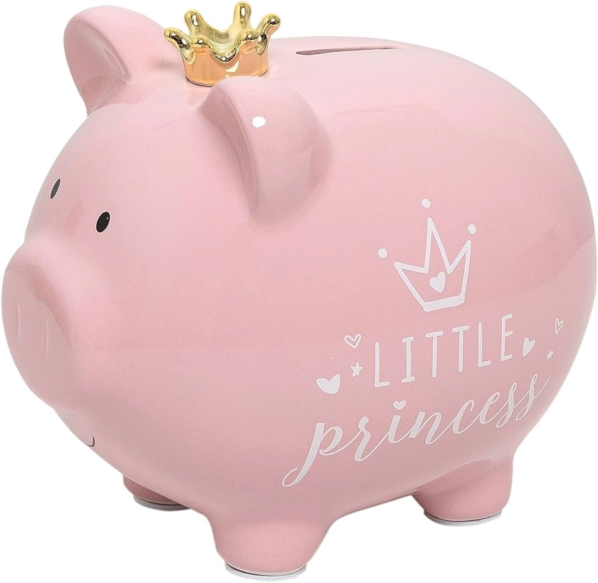 Kate & Milo Little Princess Piggy Bank with Crown, Newborn Keepsake Gift, Ceramic Money Bank For Kids, Baby Girl Nursery Décor, Pink