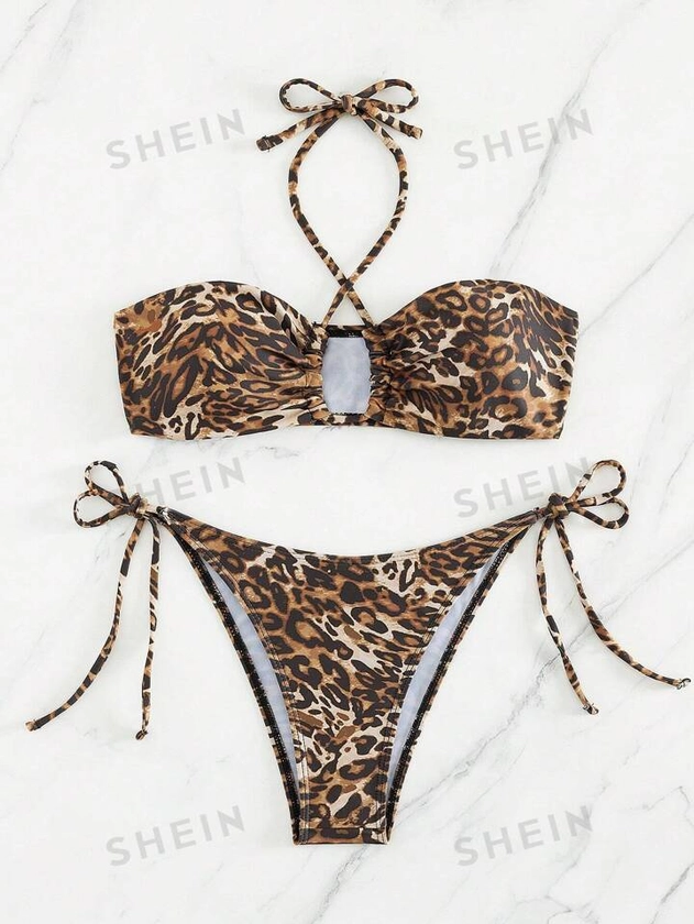 New Fashionable Sexy Multi-Way Printed Bikini Set For Women, Leopard Print Halter Neck Swimsuit With Tie-Side Bottoms | SHEIN USA